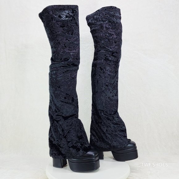 Unique Thigh High Black Velvet Fold over Skirted Chunky Heel Platform Boots - Picture 15 of 17